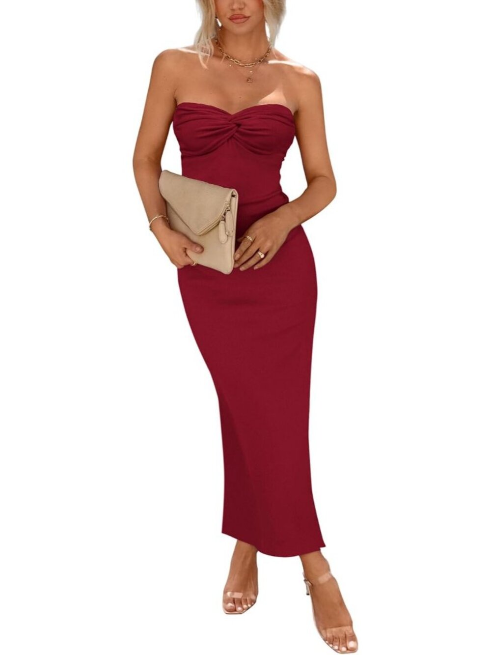 Women Wine Red Strapless Tube Twist Front Ribbed Bodycon Cocktail Maxi Dress